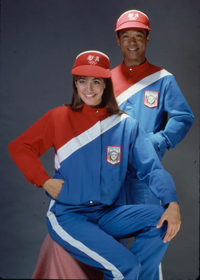 UNITED STATES - OCTOBER 01: Outfit designed by Levi Strauss to be worn during the opening ceremonies for the Los Angeles 1984 Olympics (Photo by Ted Thai/The LIFE Picture Collection/Getty Images)