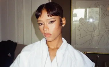 Taylor Russell in the hair and makeup chair prior to the 2024 MET Gala