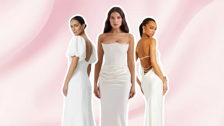 Three brides wear affordable wedding dresses from House of CB, Chancery and Retrofête on a pink satin backdrop.