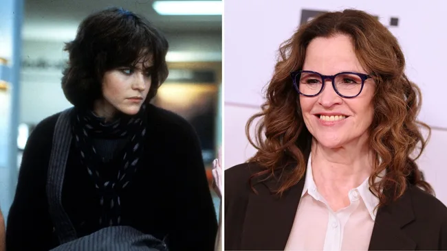 Two images side by side: Left shows a woman with dark hair in a movie scene, right shows her with curly hair and glasses.