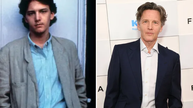 Two side-by-side images showing a person younger on the left and older on the right, wearing blazers.