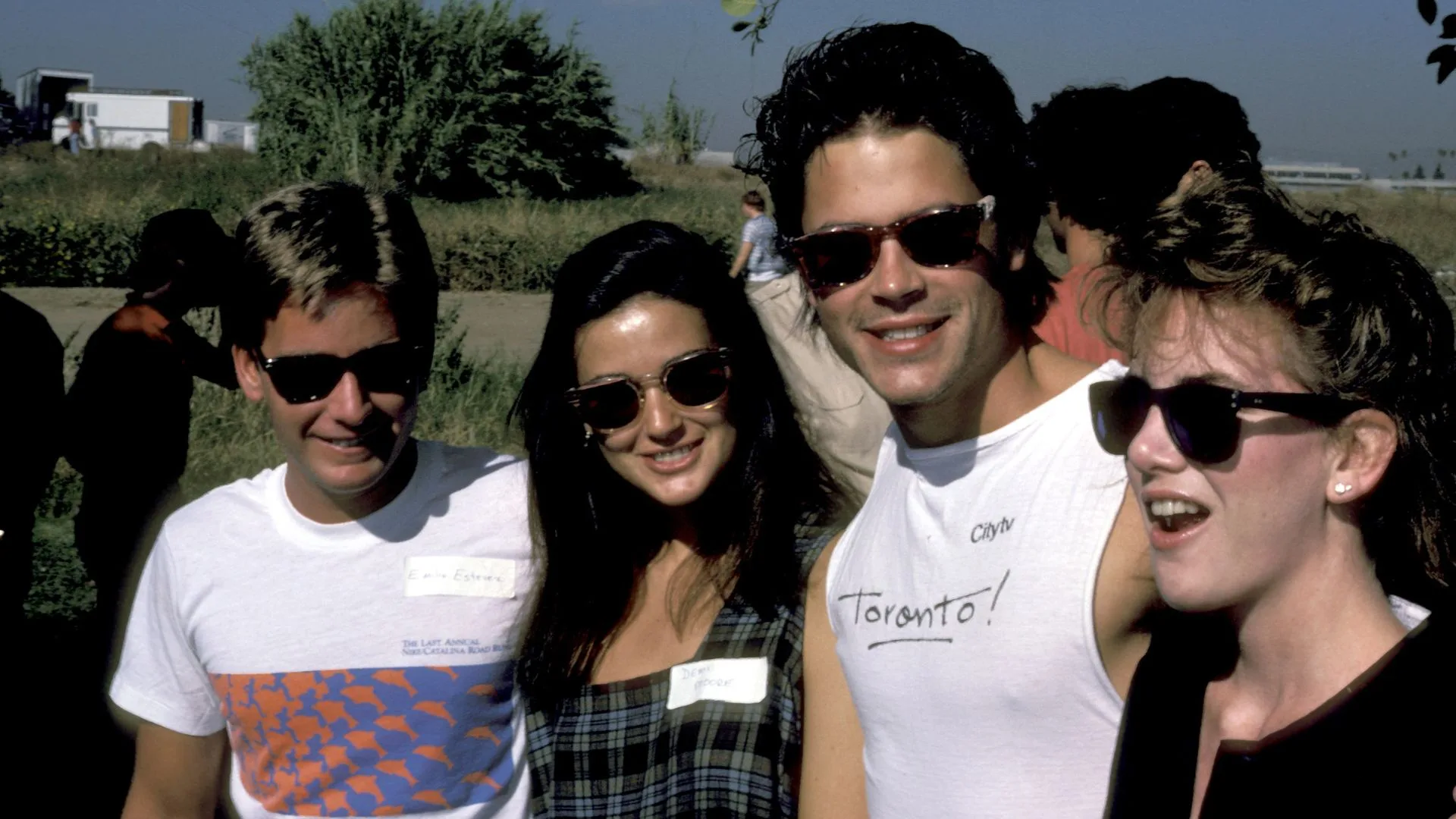 members of the brat pack, Emilio Estevez, Demi Moore, Rob Lowe and Melissa Gilbert in 1985