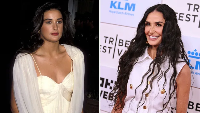 Two side-by-side images of a woman with long dark hair; one in a white dress, the other in a sleeveless white top.