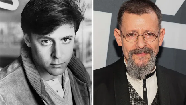 Split-image: Young man with serious look in black and white; older man with glasses and beard in color.