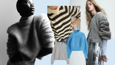Collage of models in various knitted sweaters, including gray, striped, and blue, with stylistic contrast.