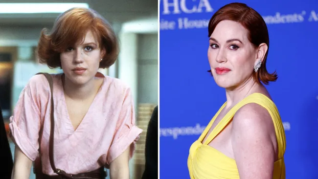 A woman with red hair in a pink shirt on the left; same woman older in a yellow dress on the right.
