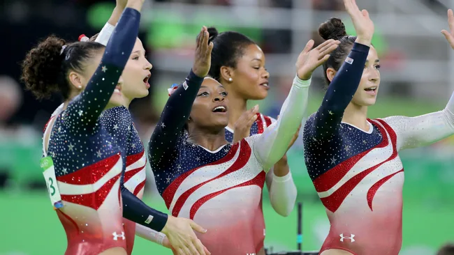 The US womens gymnastics team wear swarovski covered leotards at the 2016 olympic games