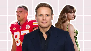 a collage of taylor swift sam heughan and travis kelce