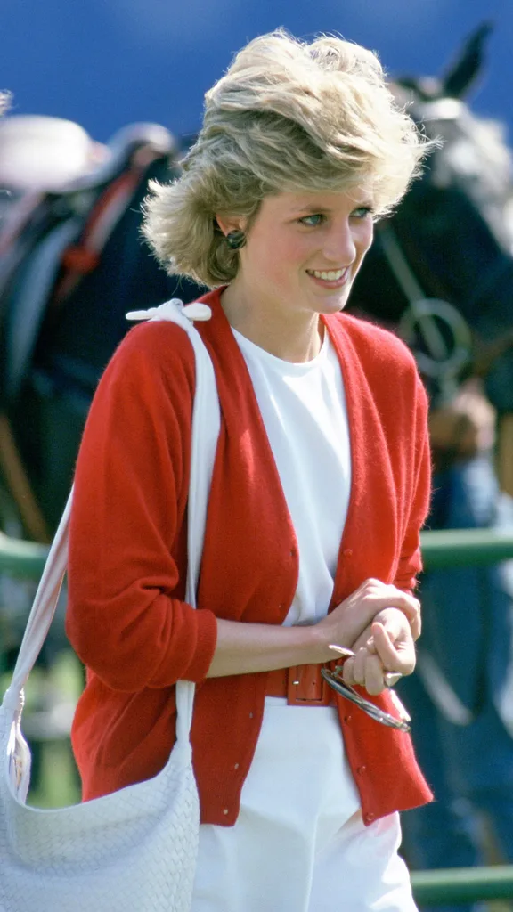 Princess Diana in a red cardigan.