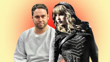 a collage of taylor swift and scooter braun on a red and yellow background