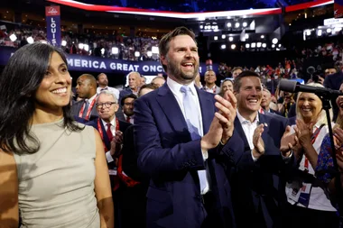 MILWAUKEE, WISCONSIN - JULY 15: U.S. Sen. J.D. Vance (R-OH) and his wife Usha Chilukuri Vance celebrate as he is nominated for the office of Vice President alongside Ohio Delegate Bernie Moreno on the first day of the Republican National Convention at the Fiserv Forum on July 15, 2024 in Milwaukee, Wisconsin. Delegates, politicians, and the Republican faithful are in Milwaukee for the annual convention, concluding with former President Donald Trump accepting his party's presidential nomination. The RNC takes place from July 15-18. (Photo by Anna Moneymaker/Getty Images)