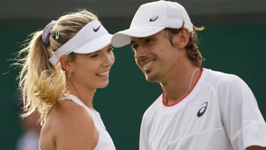 Alex de Minaur and British fiance Katie Boulter on court.