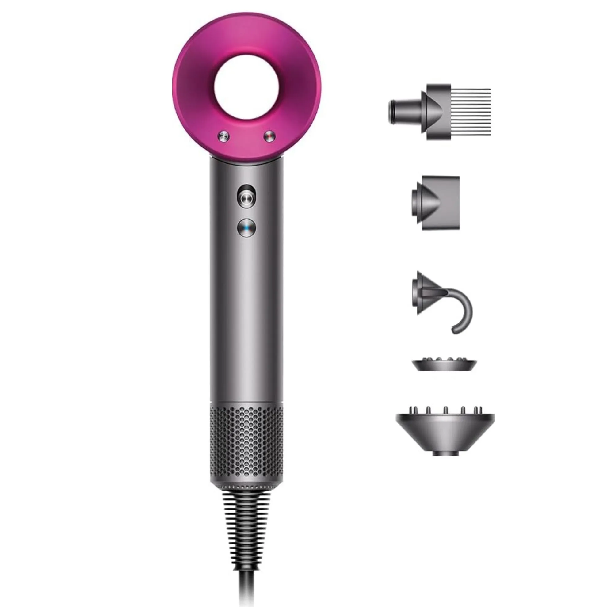 The Dyson Supersonic in Fuschia and Nickel is pictured here with it's five magnetic parts.