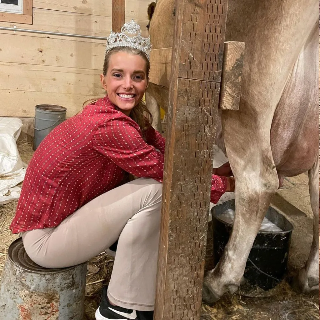 Hannah Neeleman milks a cow while wearing one of her pagaent crowns. 