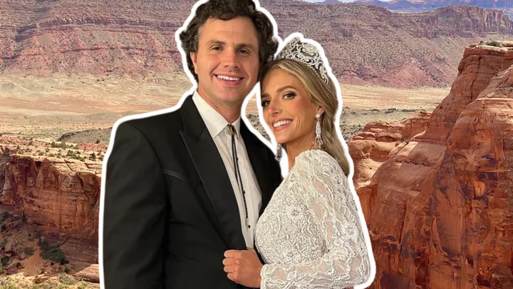 Hannah and Daniel Neeleman super imposed over a image of Utah's rocky countryside.