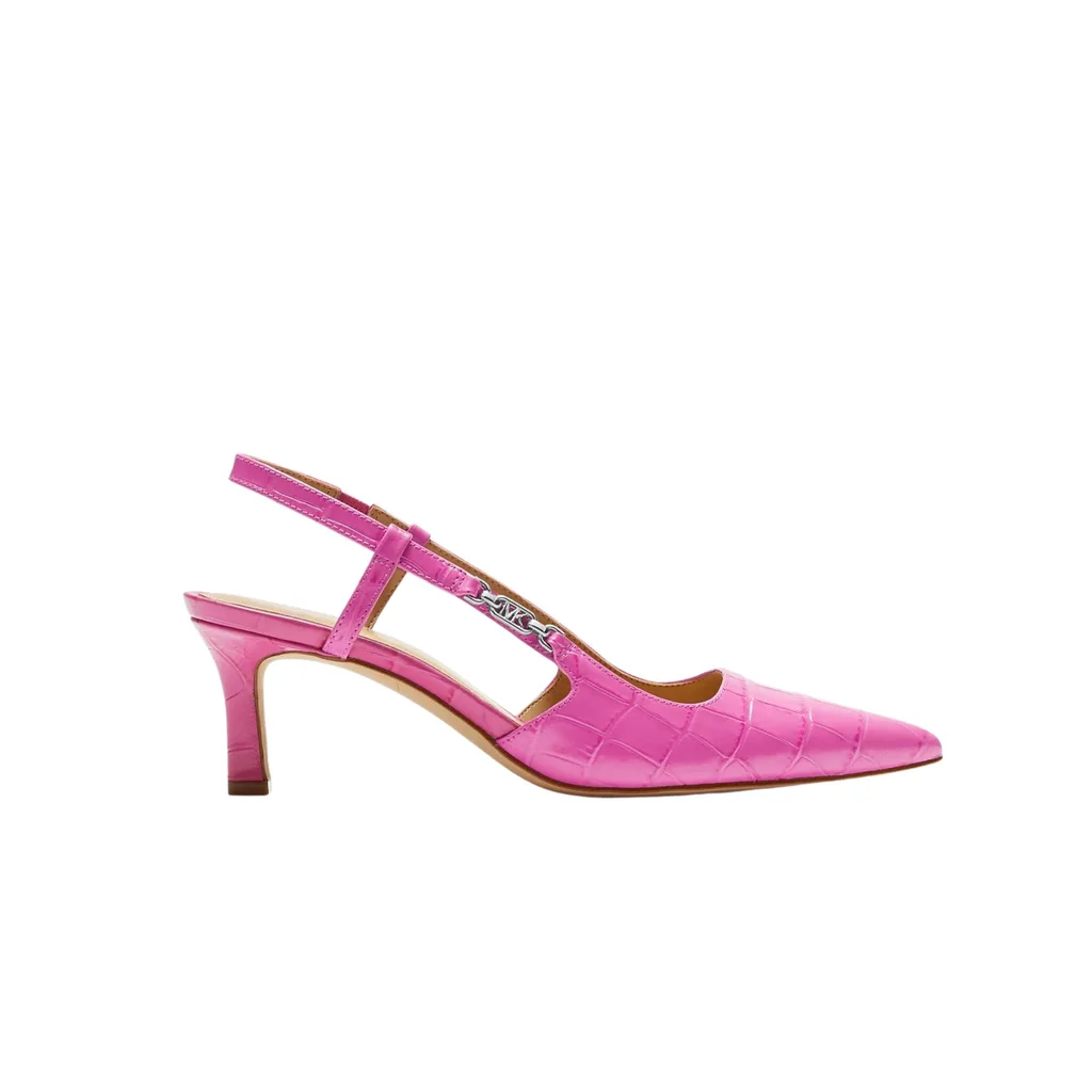 Michael Kors Women's Daniella Mid Sling Shoe are hot pink with a faux crocodile leather effect and pointed toe.The buckle enclosure slingback strap features the MK logo.