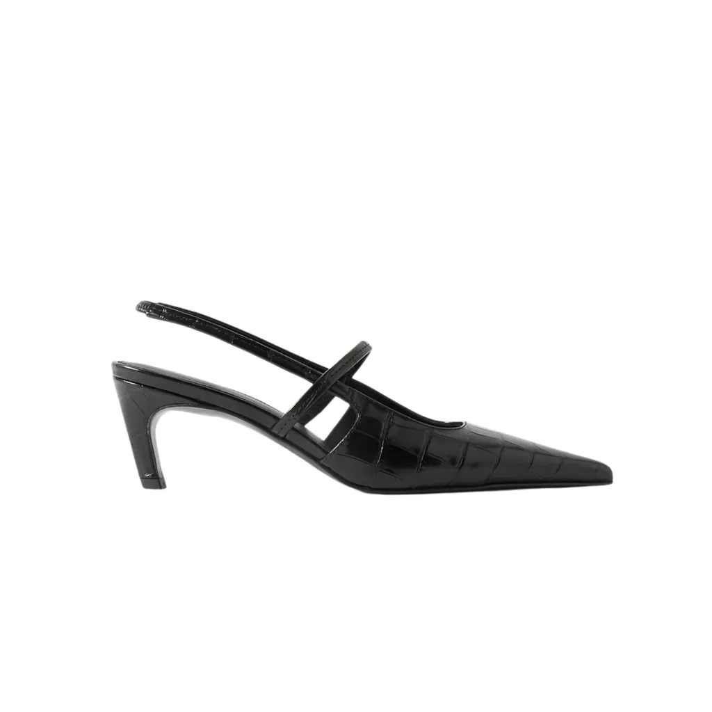 Totem Sharp Croc-Effect Leather Slinback pumps feature patent crocodile effect leather with a slightly curved architectural heel and pointed toe. Perfect for spicing up an office look.