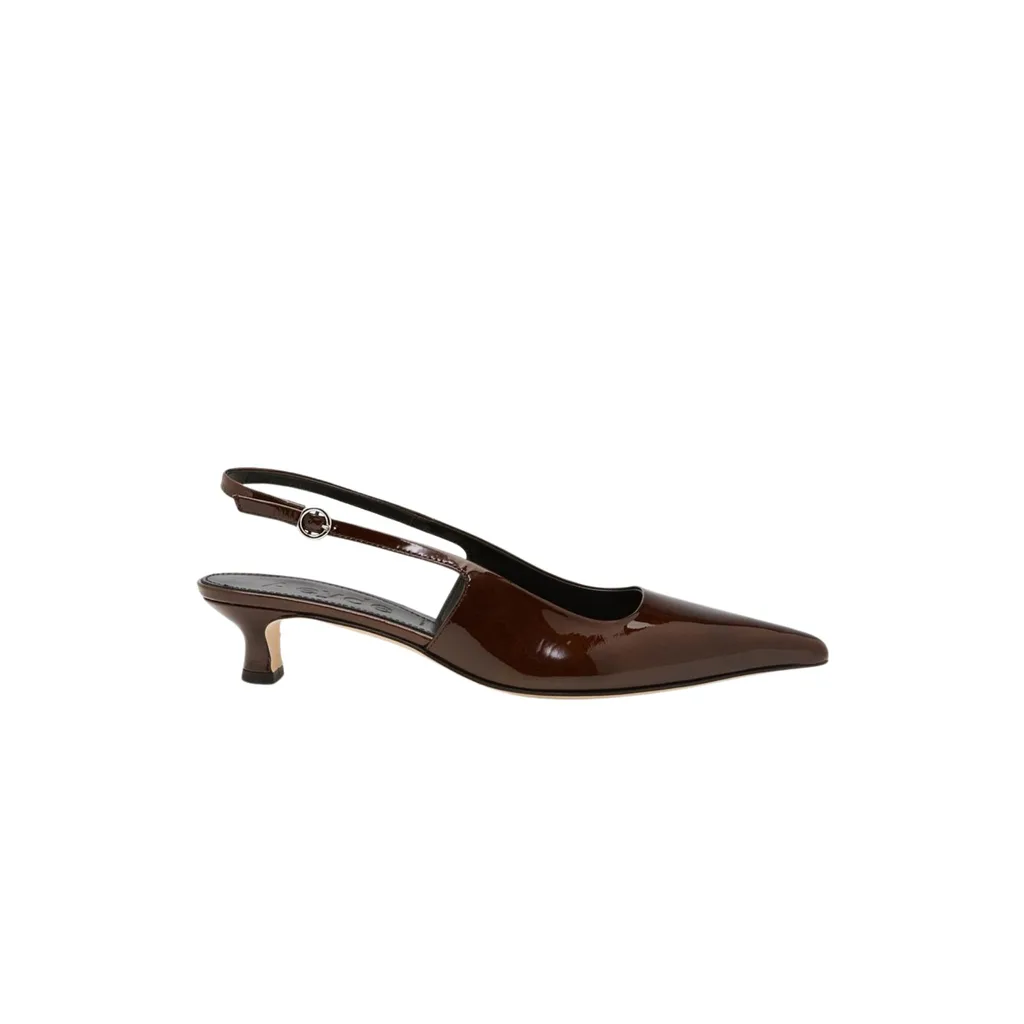 Aeyde Catrina Metallic Patent Slingback Pump are chocolate patent leather with a buckle strap and squared off pointed toe. 