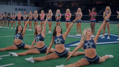Four dallas cowboys cheerleaders sit on a football field in front splits, in a still from the Netflix documentary 'America's Sweethearts'