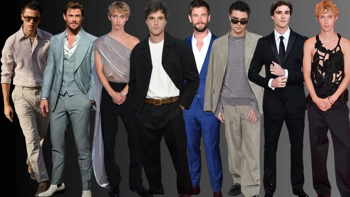 Group of seven men in various stylish outfits against a dark background, showcasing diverse fashion choices.