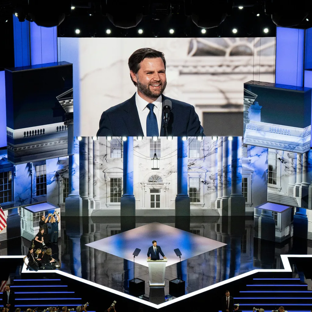 Senator JD Vance, a Republican from Ohio and Republican vice-presidential nominee, speaks during the Republican National Convention (RNC) at the Fiserv Forum in Milwaukee, Wisconsin, US, on Wednesday, July 17, 2024