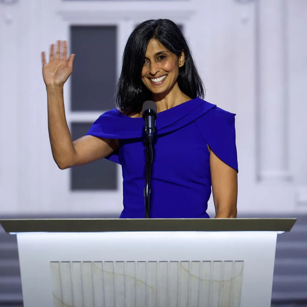  Usha Chilukuri Vance, wife of nominee to be Vice President Sen. JD Vance, R-Ohio, speaks at the Republican National Convention in Milwaukee on Wednesday, July 17, 2024. 