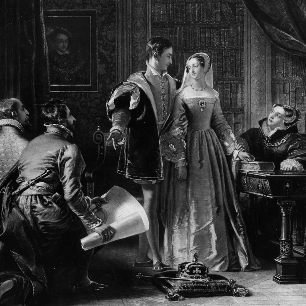 1553, Nobles try to persuade Lady Jane Grey, (1537 - 1554), to accept the crown, following the death of Edward VI. The man beside her is her husband, Lord Guildford Dudley, whom she married in 1553. They were both executed in 1554 on a charge of high treason. (Photo by Hulton Archive/Getty Images)