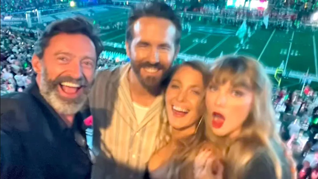 Hugh Jackman, Ryan Reynolds, Blake Lively and Taylor Swift at the Super Bowl in 2024. Image: Getty