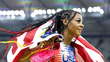 August 26: Sha'Carri Richardson of the United States celebrates her team's gold medal win in the Women's 4x100m Relay during the World Athletics Championships, at the National Athletics Centre on August 26th, 2023 in Budapest, Hungary.