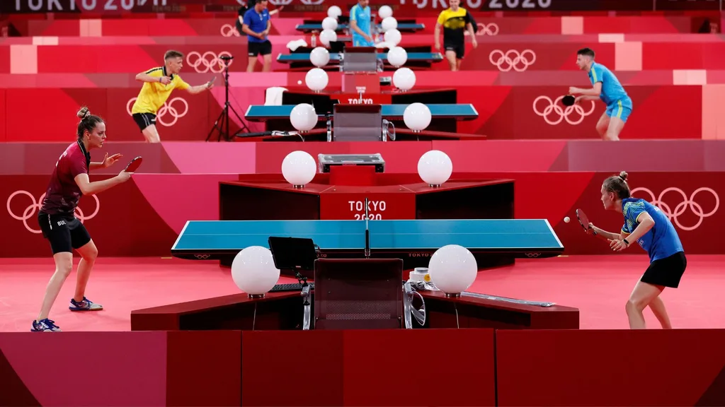 A general view of at Tokyo Metropolitan Gymnasium as table tennis players practice ahead of the 2020 Tokyo Summer Olympic Games on July 19, 2021 in Tokyo, Japan.