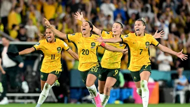 Mary Fowler, Sam Kerr, Caitlin Foord and Steph Catley of Australia celebrate the team’s victory through the penalty shoot out following the FIFA Women's World Cup Australia & New Zealand