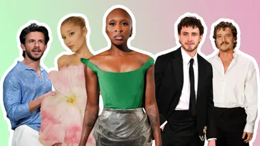 a collage of actors starring in the 'Wicked' and 'Gladiator II' films. L-R: Joanthan Bailey, Ariana Grande, Cynthia Erivo, Paul Mescal and Pedro Pascal. They are against a gradient, green-to-pink background