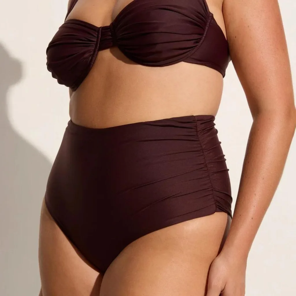 Full coverage high waisted brown bikini.