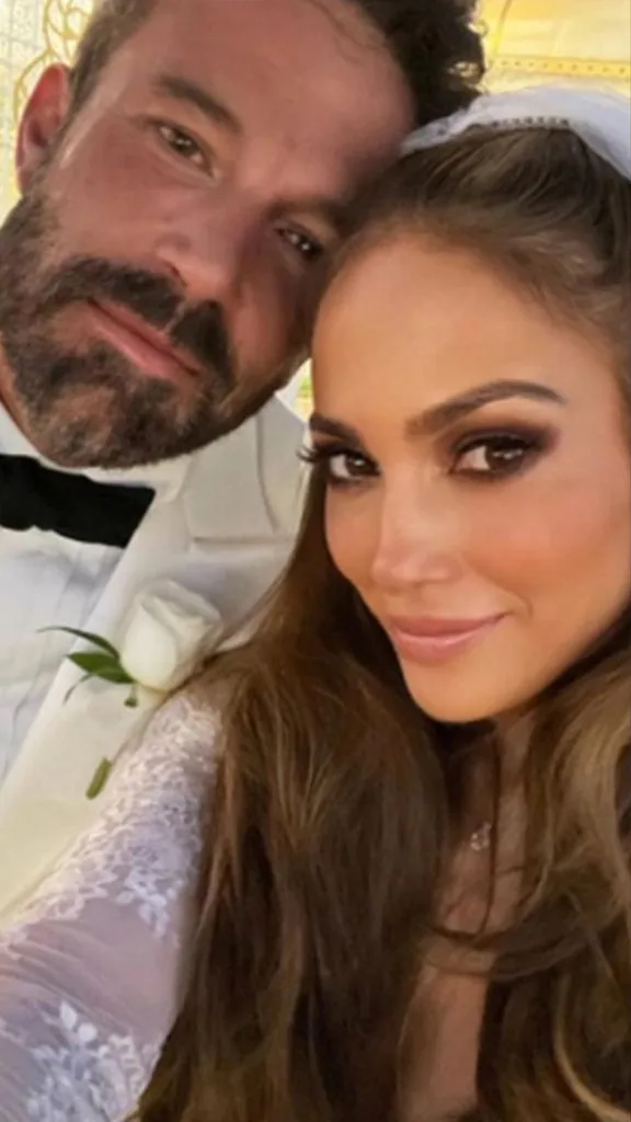 Jennifer Lopez and Ben Affleck pose for a selfie on their wedding day in Georgia. 