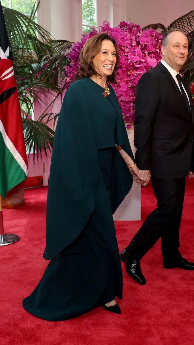 US Vice President Kamala Harris, left, and Second Gentleman Doug Emhoff, arrive to attend a state dinner in honor of Kenya's president William Ruto hosted by US President Joe Biden and First Lady Jill Biden at the White House in Washington, DC, US, on Thursday, May 23, 2024. An American president is hosting a state visit for an African leader for the first time in 16 years, as the world's biggest economy struggles to build influence on a continent forging closer relations beyond Washington's top competitors China and Russia.