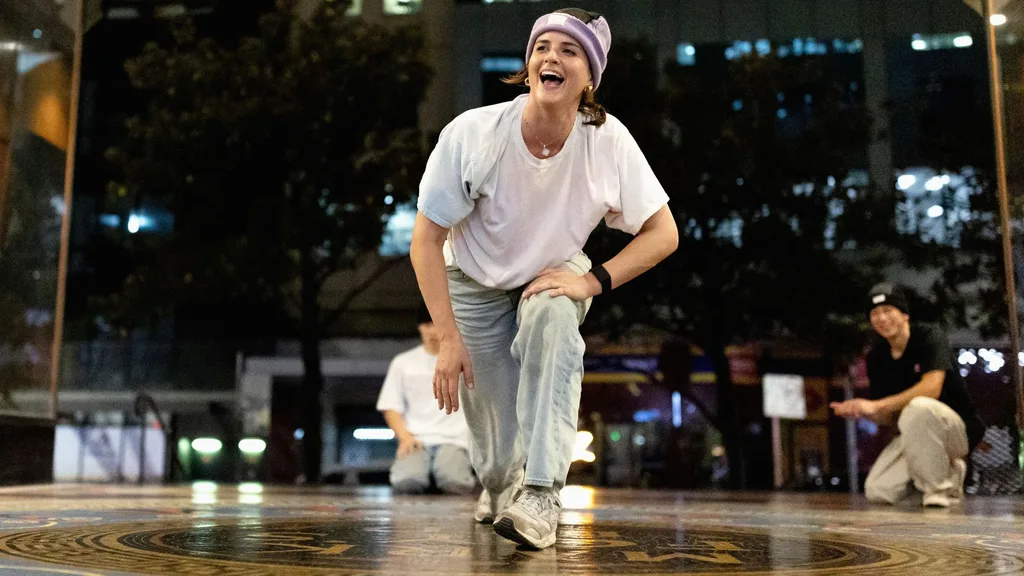 Australian Olympic breaking athlete Rachael 'Raygun' Gunnn trains during a practice session in the Sydney central business district on April 17, 2024 in Sydney, Australia. Gunn is representing Australia as a B-Girl after qualifying for the 2024 Paris Summer Olympic Games in Women's Breaking.