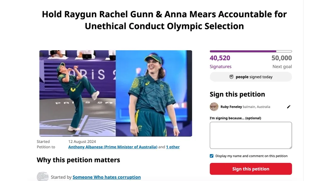 A petition on Change.org requesting Rachael Gunn and Anna Mears be investigated for unethical conduct. 