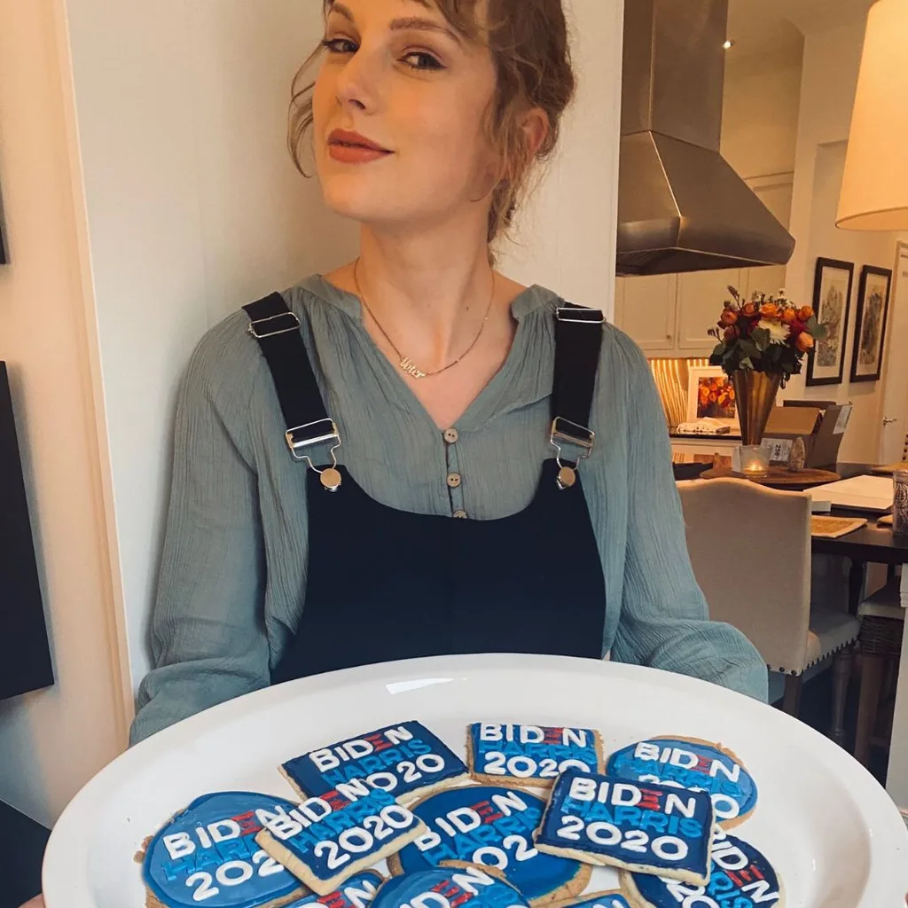 Taylor Swift has been a consistent supporter of the Democrats and has publically denounced Donald Trump on multiple occasions. Here she is pictured with "Support Biden" cookies. 