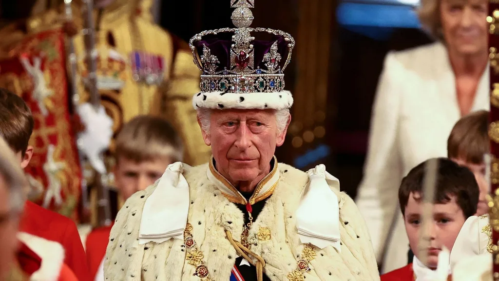 King Charles III wears the Imperial State Crown on the day of the State Opening of Parliament at the Palace of Westminster on July 17, 2024 in London, England. King Charles III delivers the King's Speech setting out the new Labour government's policies and proposed legislation for the coming parliamentary session.