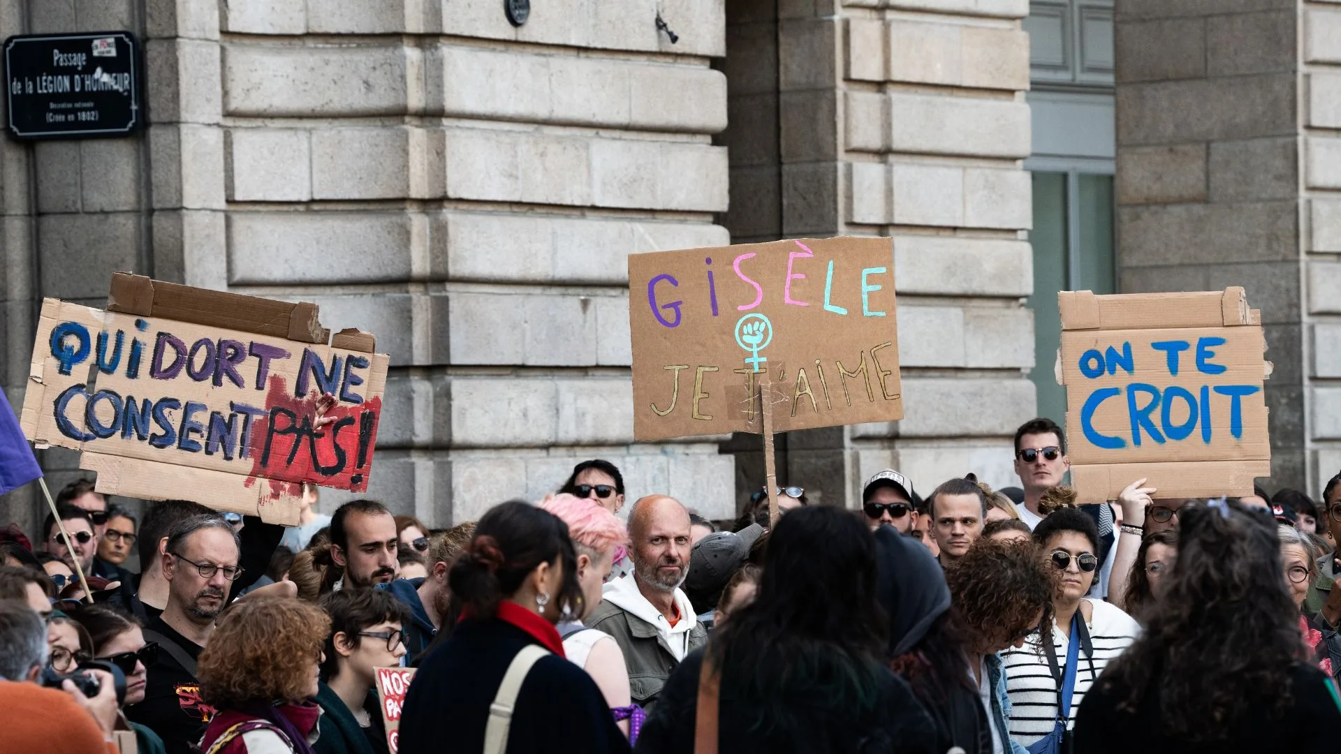 A crowd of people rallying to support Gisele Pelicot in Rennes, France