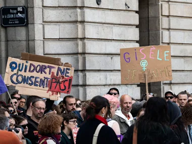 A crowd of people rallying to support Gisele Pelicot in Rennes, France