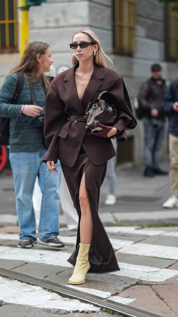 A woman crossing the road in a dark brown blazer with long brown skirt crossing the road