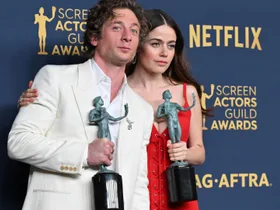 US actor Jeremy Allen White and actress Molly Gordon O poses with the awards for Outstanding Performance by a Male Actor in a Comedy Series (Allen WHite) and Outstanding Performance by an Ensemble in a Comedy Series for "The Bear" during the 30th Annual Screen Actors Guild awards