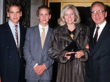 Lachlan, James, Anna and Rupert Murdoch at the Broadcast News Premiere in New York 1987