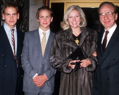 Lachlan, James, Anna and Rupert Murdoch at the Broadcast News Premiere in New York 1987