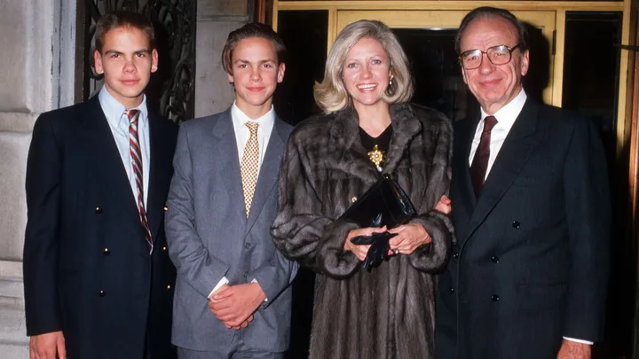 Lachlan, James, Anna and Rupert Murdoch at the Broadcast News Premiere in New York 1987