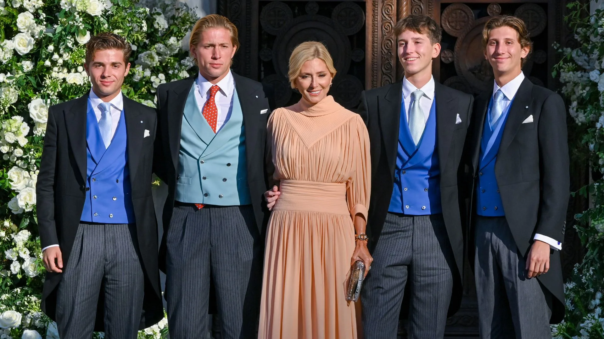 Marie-Chantal Miller with her children, Constantine Alexius, Achileas, Odysseas and Aristides, arrive at the wedding ceremony of Princess Theodora and Matthew Kumar.