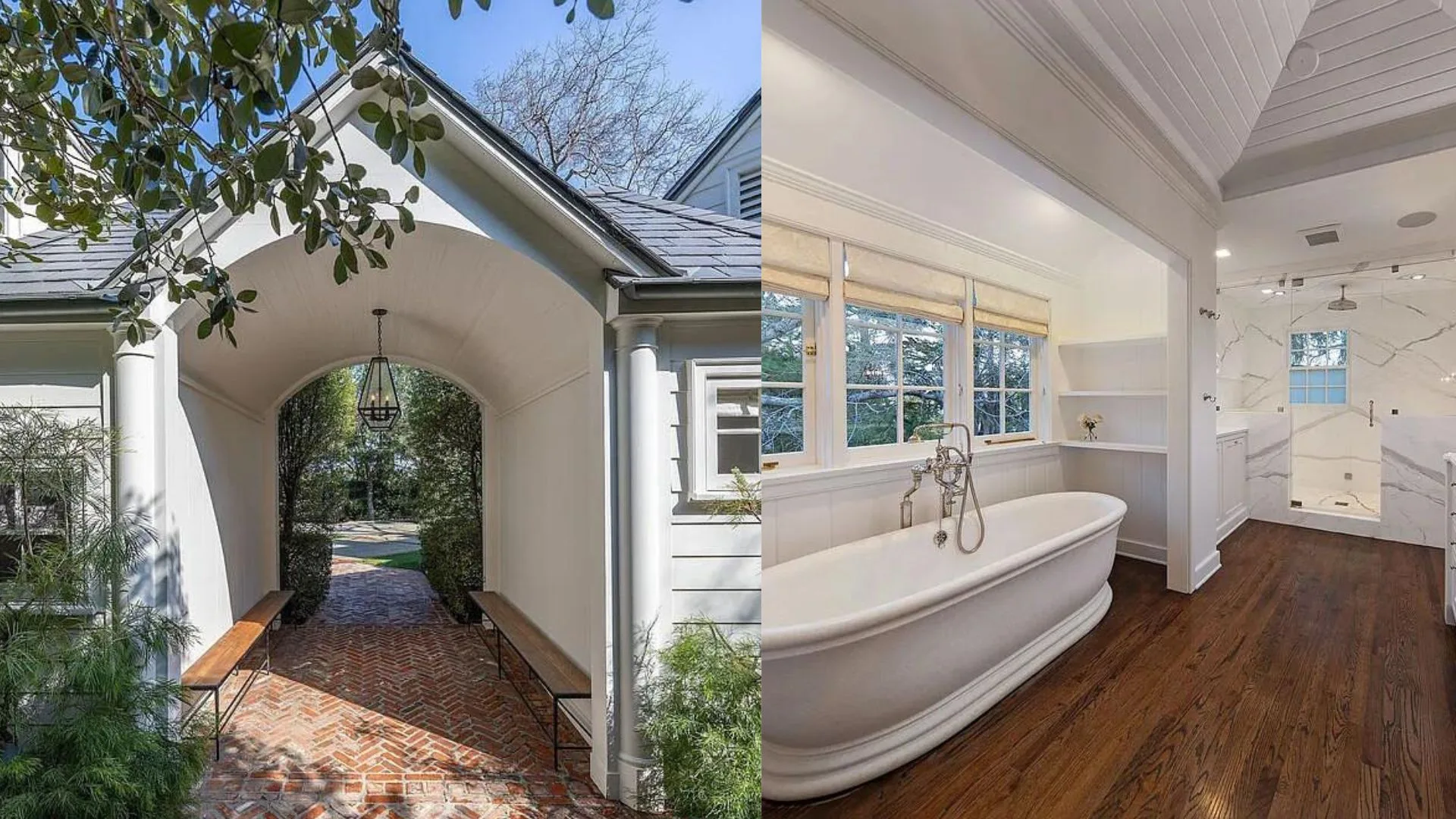 An white arched entryway with brick herringbone flooring looks through to Miranda Kerr's recently sold Brentwood house. Also shown is a classic style bathroom with timber floorboards, white panelling and a large freestanding bath. 