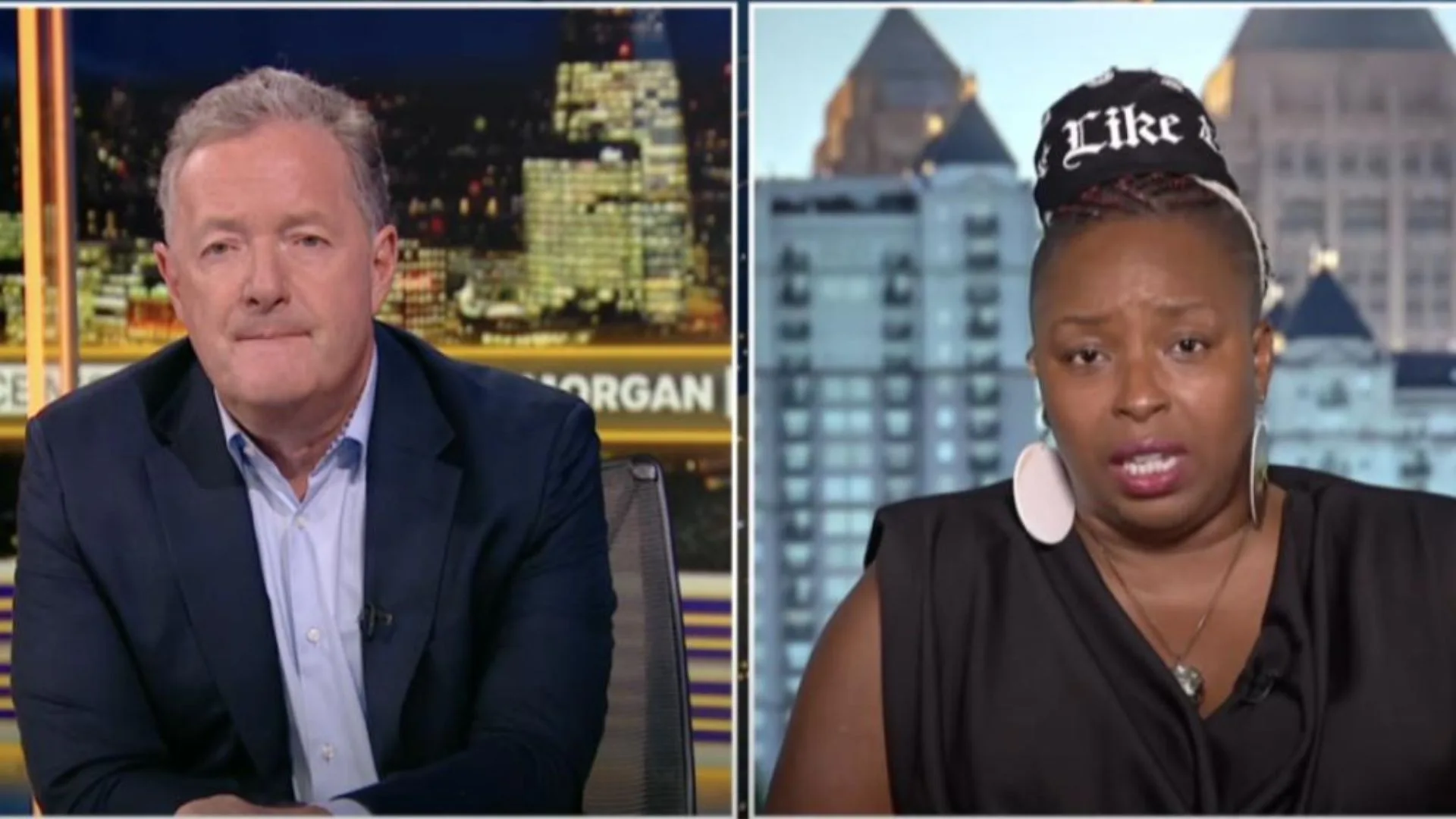 A screen shot from a youtube interview showing a split screen of Piers Morgan and Jaguar Wright. 