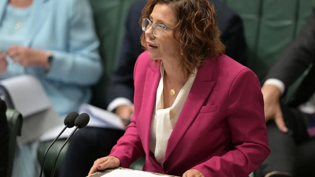 Australian Minister for Social Services Amanda Rishworth speaks during Question Time at Parliament House on March 18, 2024 